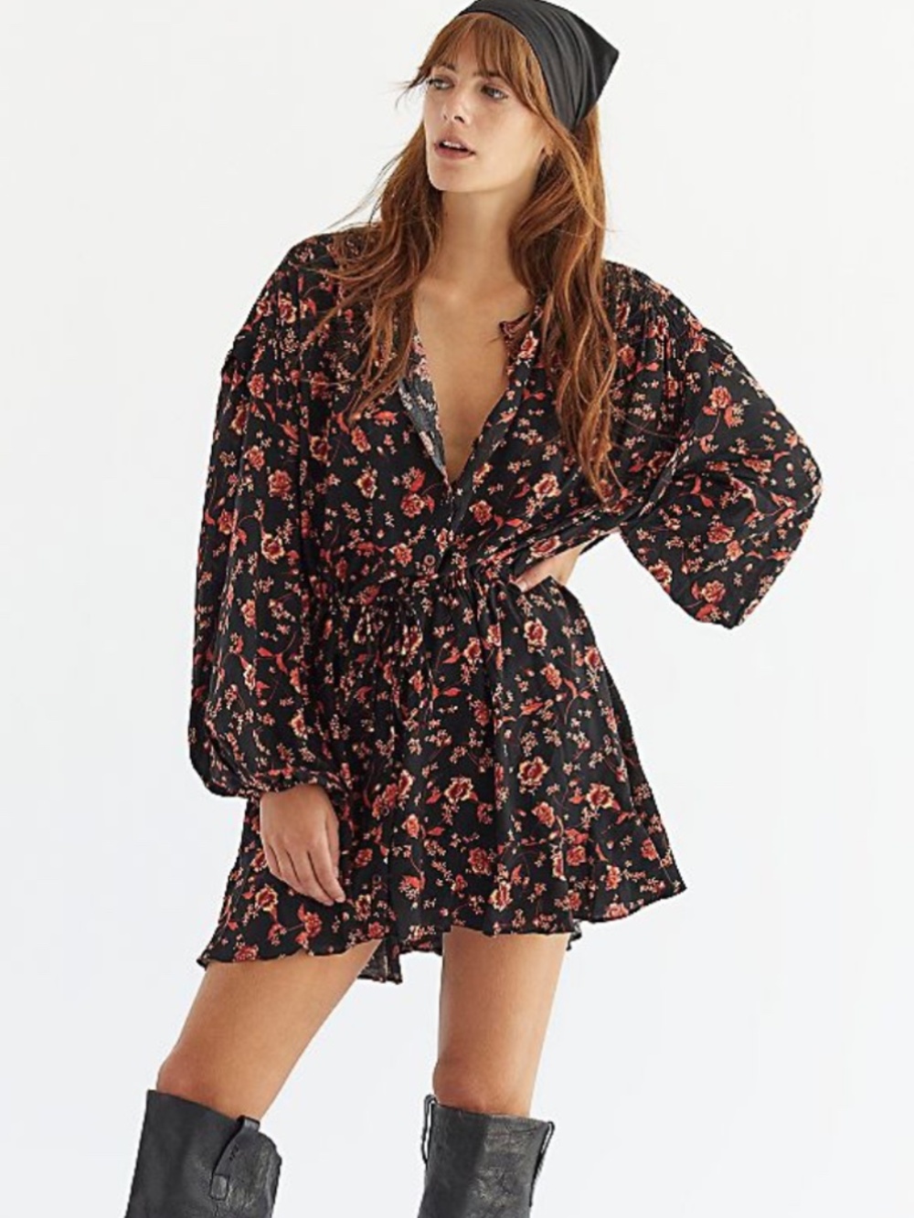Free People Flower Fields Mini Dress‎ Size Small Black Boho Cottagecore Floral